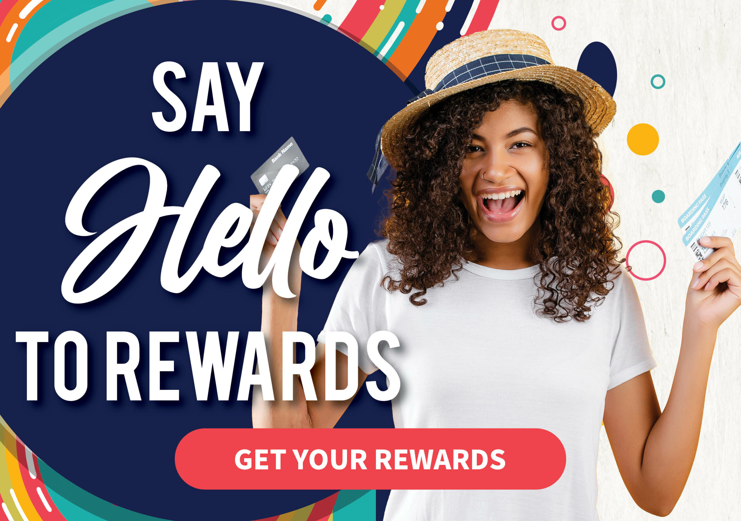 African American woman holding plane tickets and MTFCU rewards debit card with text saying "say hello to rewards"