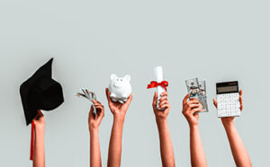 a group of hands holding money and a piggy bank