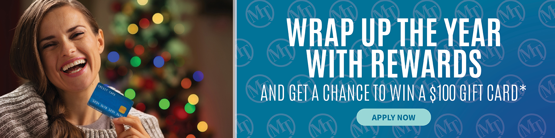 Couple relaxing on a sunny beach in Santa hats with the text “Skip the Payment, Keep the Joy” promoting a holiday skip-a-payment offer.